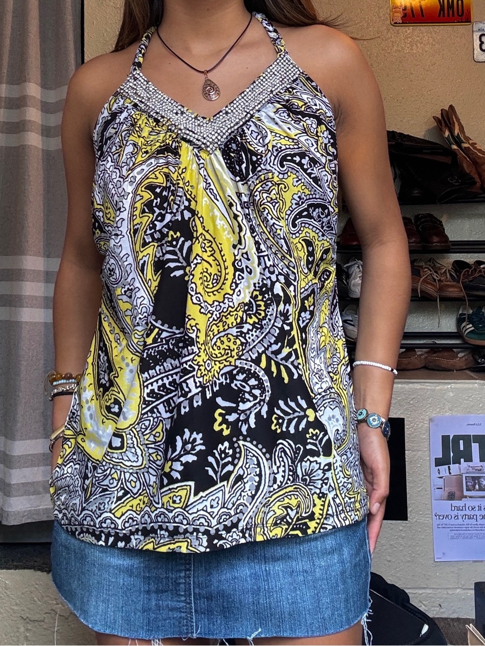 Y2K INC internationa paisley halter top with rhinestones